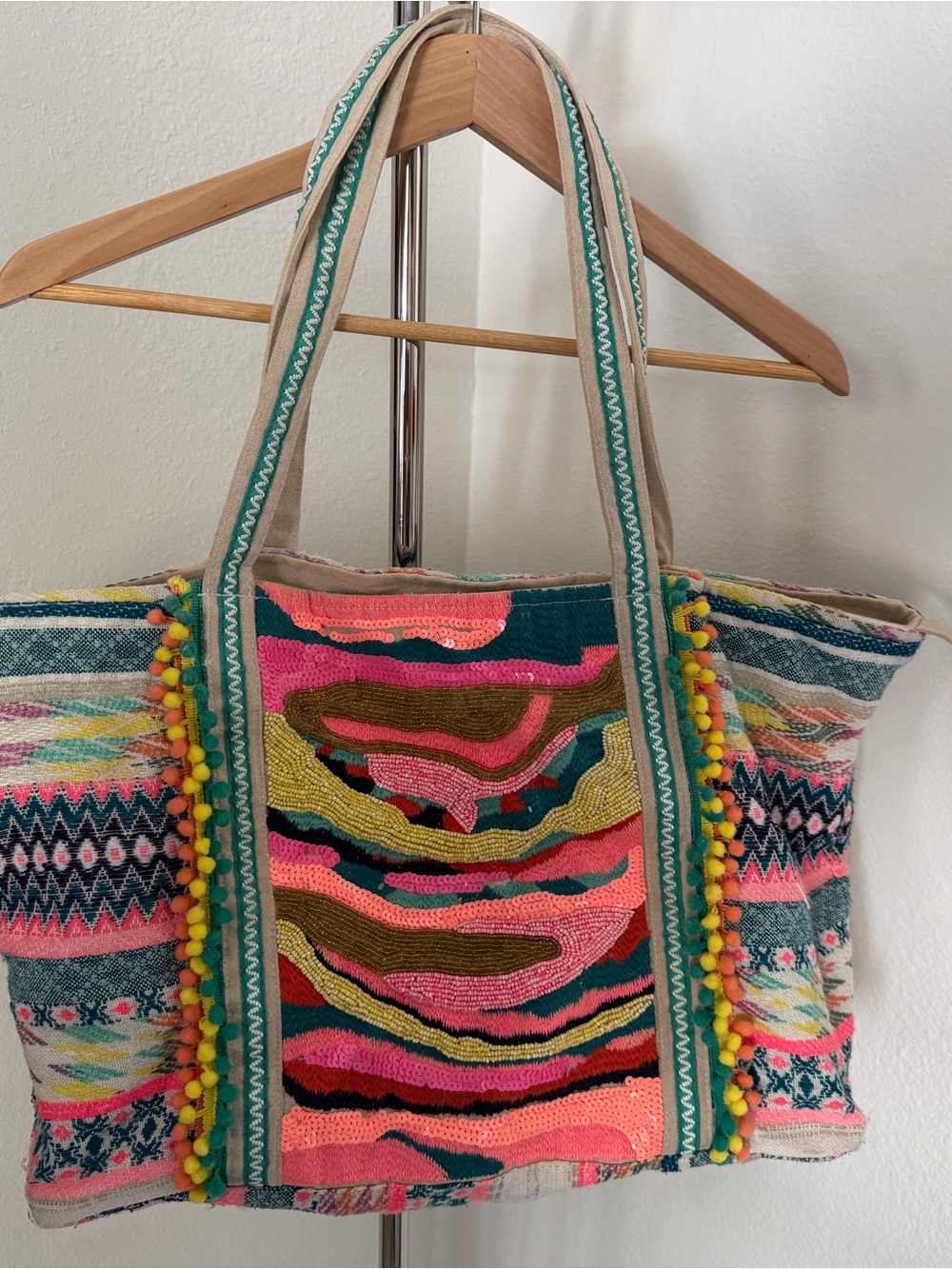 Colorful Embroidered Tote Bag in Pink, Teal & Green